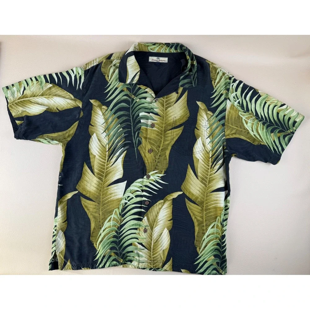 Tropical Palm Leaf Silk Camp Shirt Large Tommy Bahama Relax